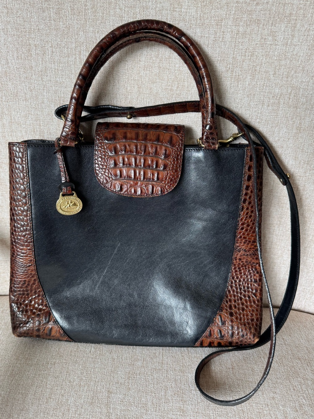 Vintage Brahmin Two-Tone Leather Satchel Croc Embossed Black Brown